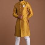 Golden Diamond Shape Maharaja Style Brocade Silk Sherwani | Regal Wedding Attire for Men | Jaipurio